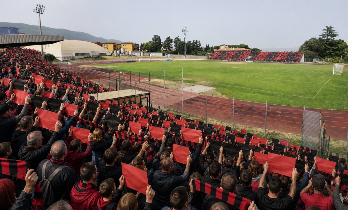 Coreografia rossonera SPQV sugli spalti del campo Luigi Scavo a Velletri